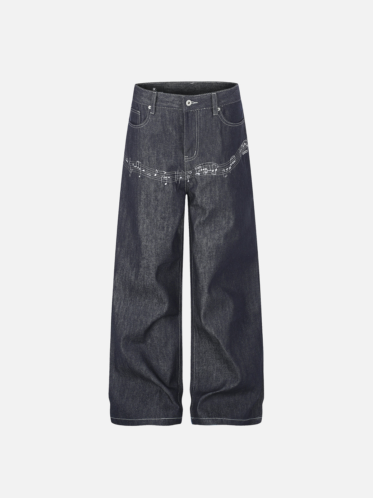 Musical-Staff Embroidery Cinch-Back Straight-Leg Jeans