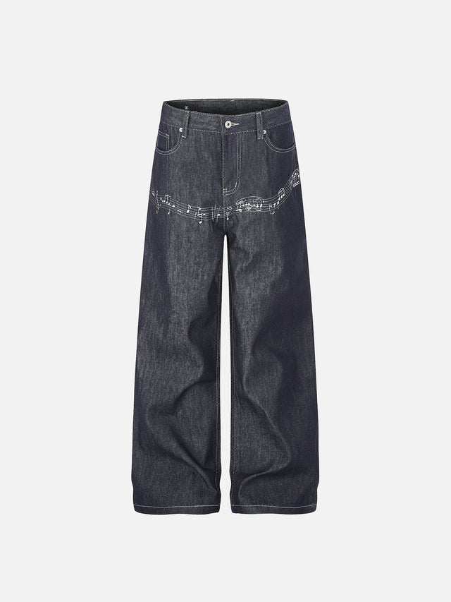 Musical-Staff Embroidery Cinch-Back Straight-Leg Jeans