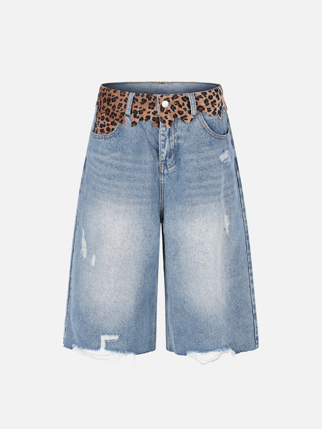 Leopard-Print Trim Distressed Denim Shorts