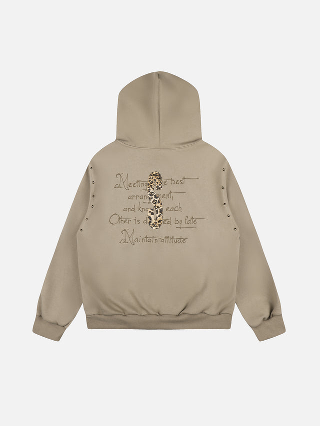Leopard-Print Lettering Oversize Zip-Up Hoodie