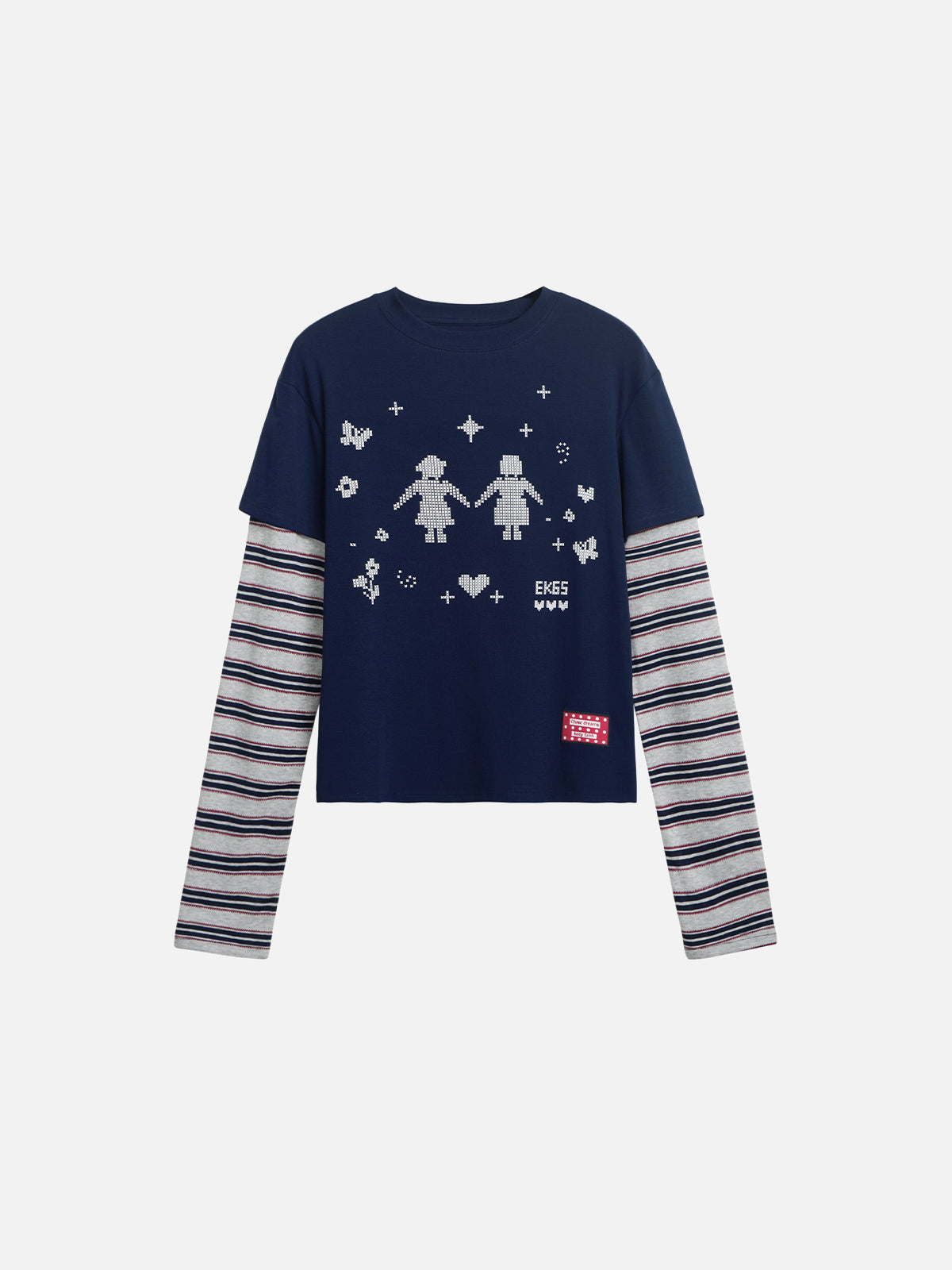 Pixel Figure Striped Double-Layer Long-Sleeve Boxy T-Shirt