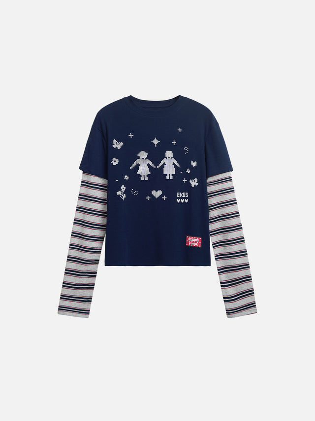Pixel Figure Striped Double-Layer Long-Sleeve Boxy T-Shirt