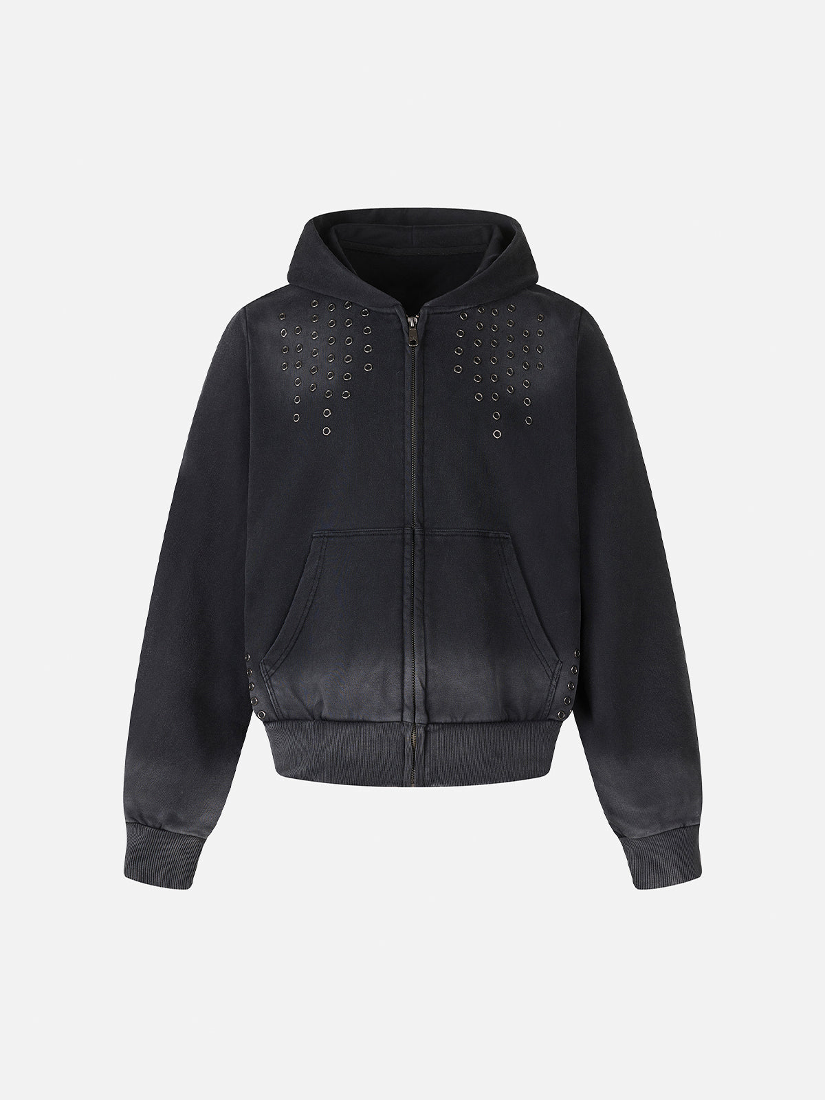 Eyelet Cross Studded Washed Boxy Zip Hoodie