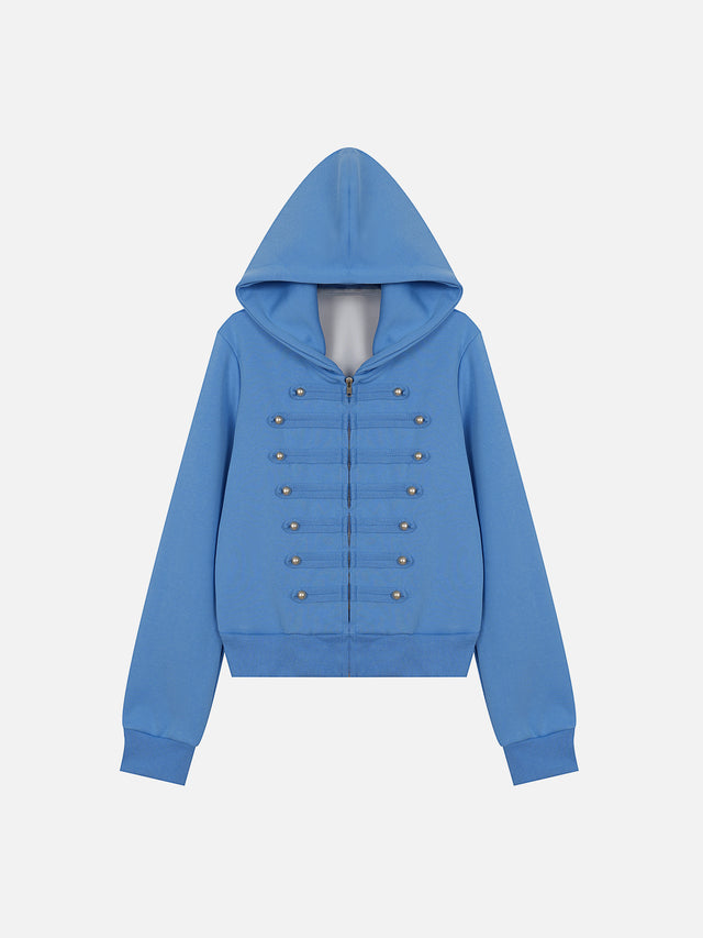 Military Hussar Buttoned Cord-Trim Boxy Zip Hoodie