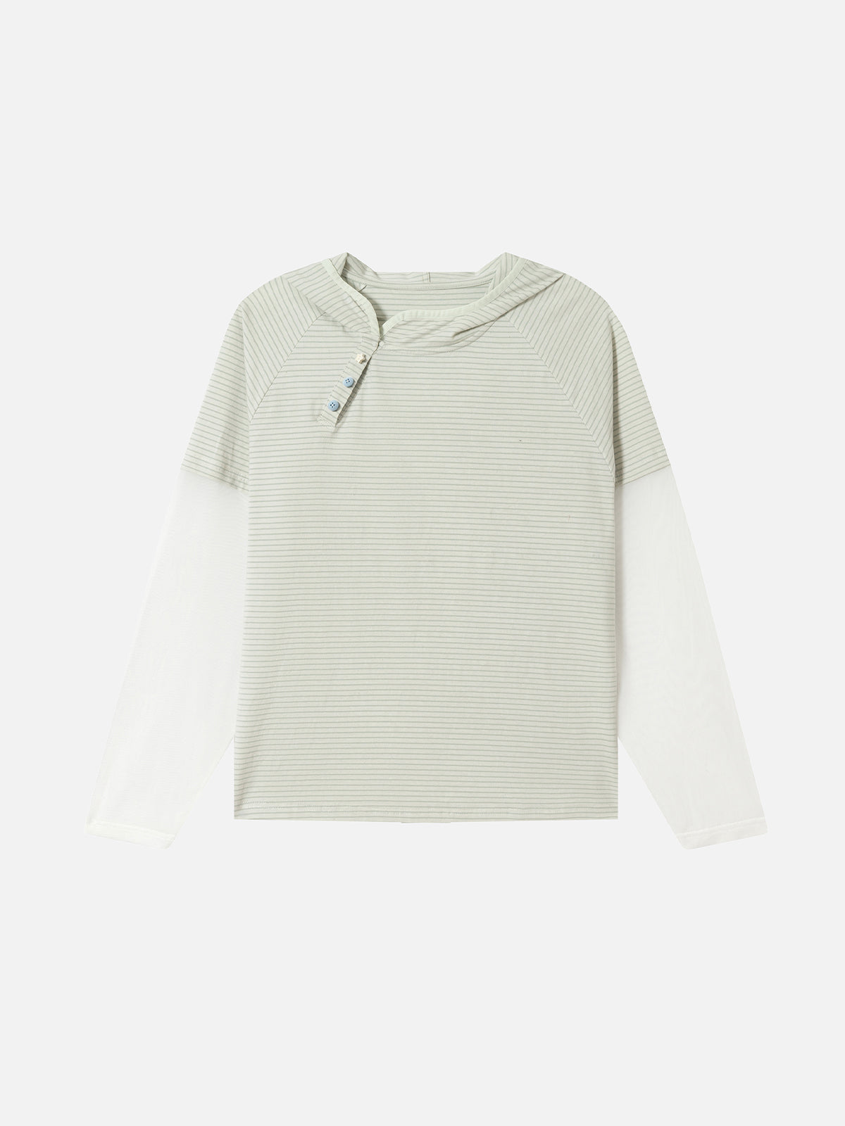 Layered Sheer-Sleeve Striped Asymmetric-Button Oversized Hooded Top