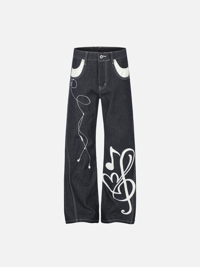 Musical Clef MP3 Earphone Graphic Contrast-Pocket Straight Denim Jeans