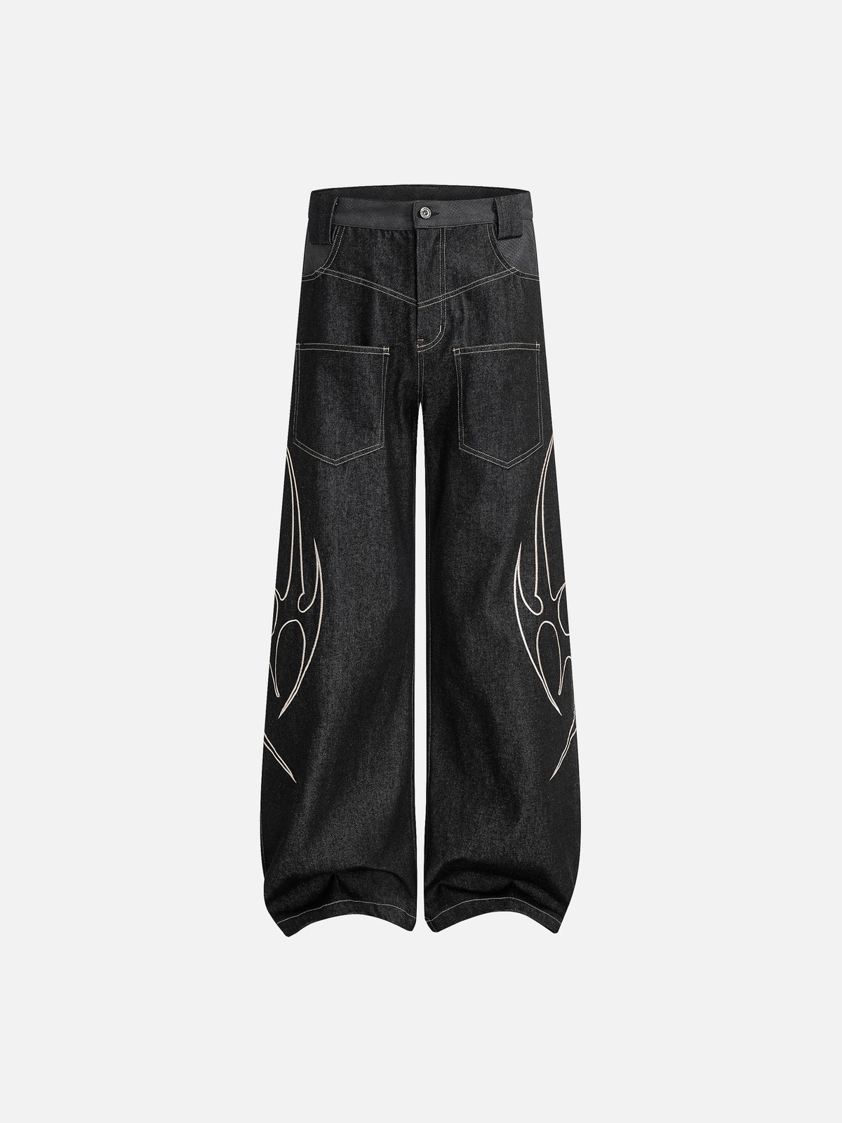 Tribal Embroidered Contrast-Stitch Baggy Barrel Jeans