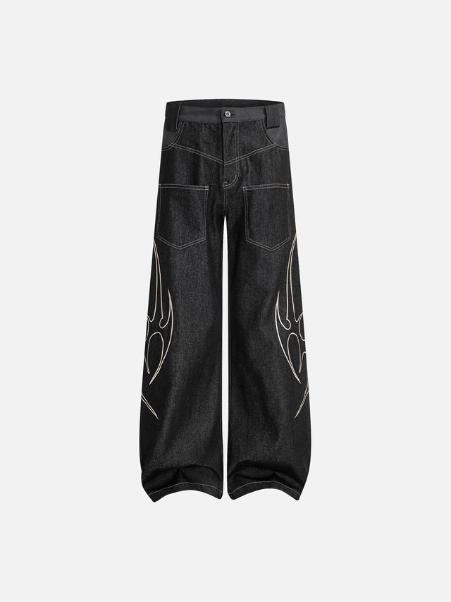 Tribal Embroidered Contrast-Stitch Baggy Barrel Jeans