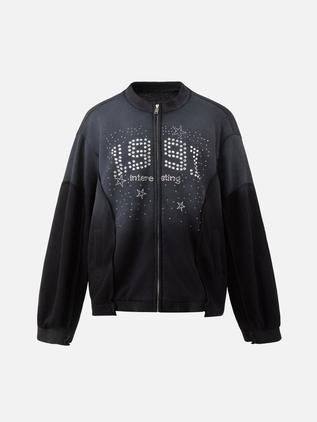 Rhinestone "1991" Rib-Knit Panelled Oversized Zip Bomber Jacket