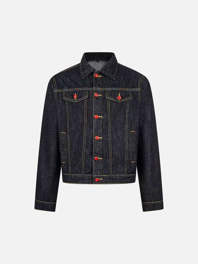 Red Gemstone-Button Contrast-Stitch Boxy Denim Jacket