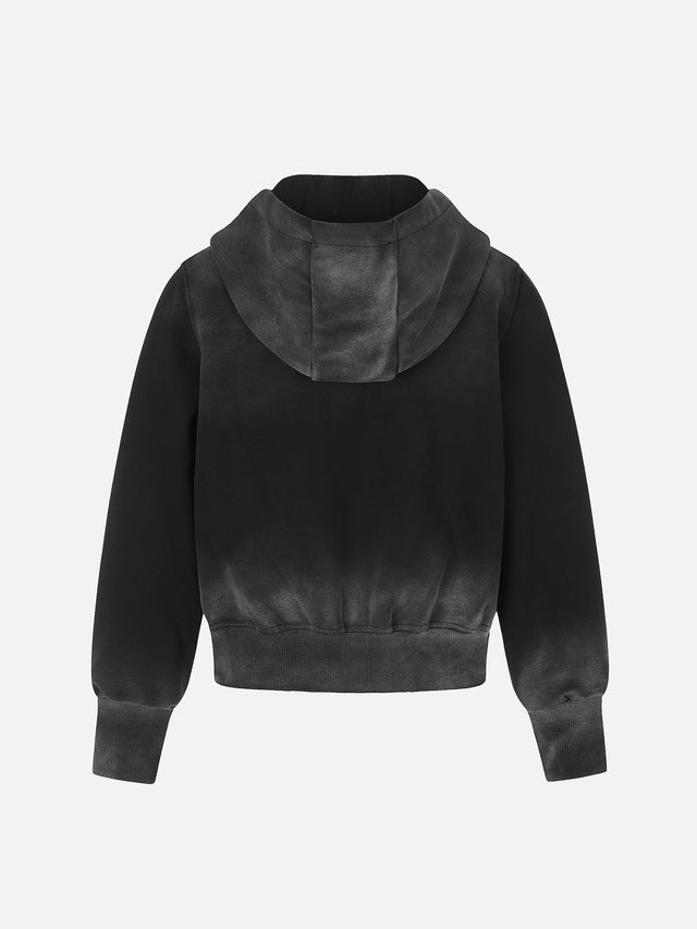 Star-Graphic Rhinestone-Trim Distressed Boxy Zip-Up Hoodie