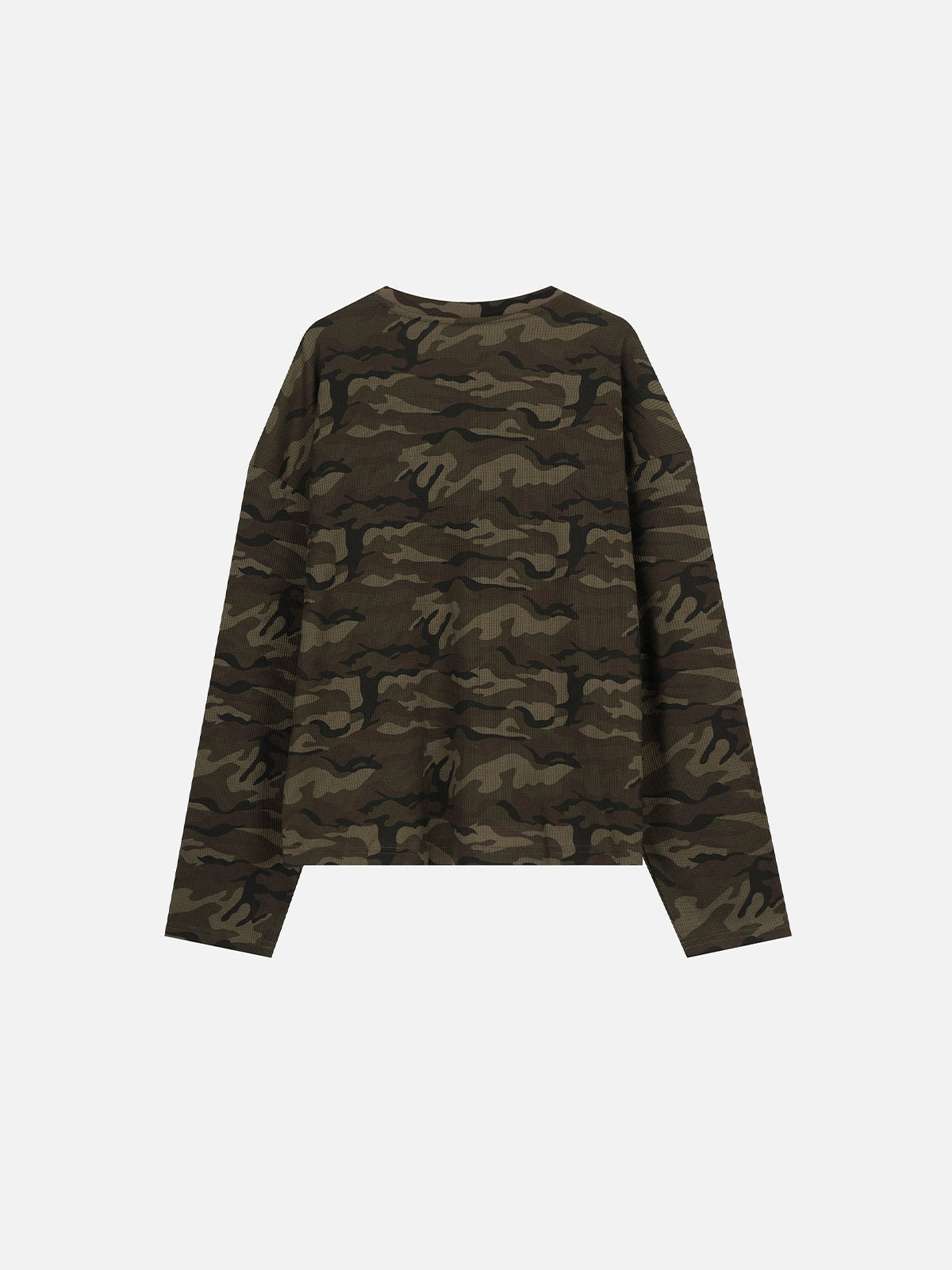 Camo Waffle-Knit Star-Embroidered Pocket Boxy Long-Sleeve T-Shirt