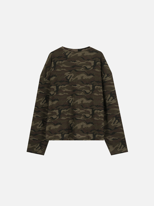 Camo Waffle-Knit Star-Embroidered Pocket Boxy Long-Sleeve T-Shirt