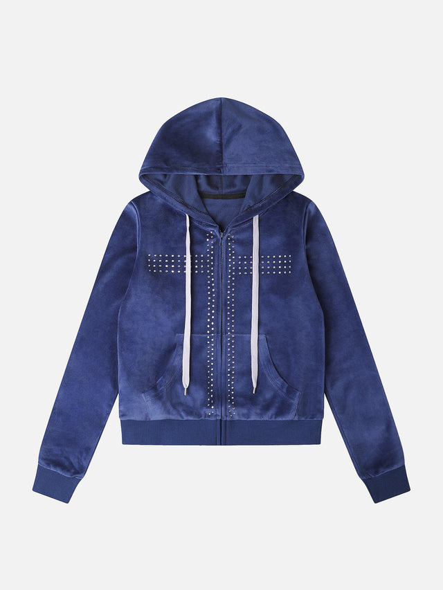 Rhinestone Cross Velour Zip-Up Hoodie