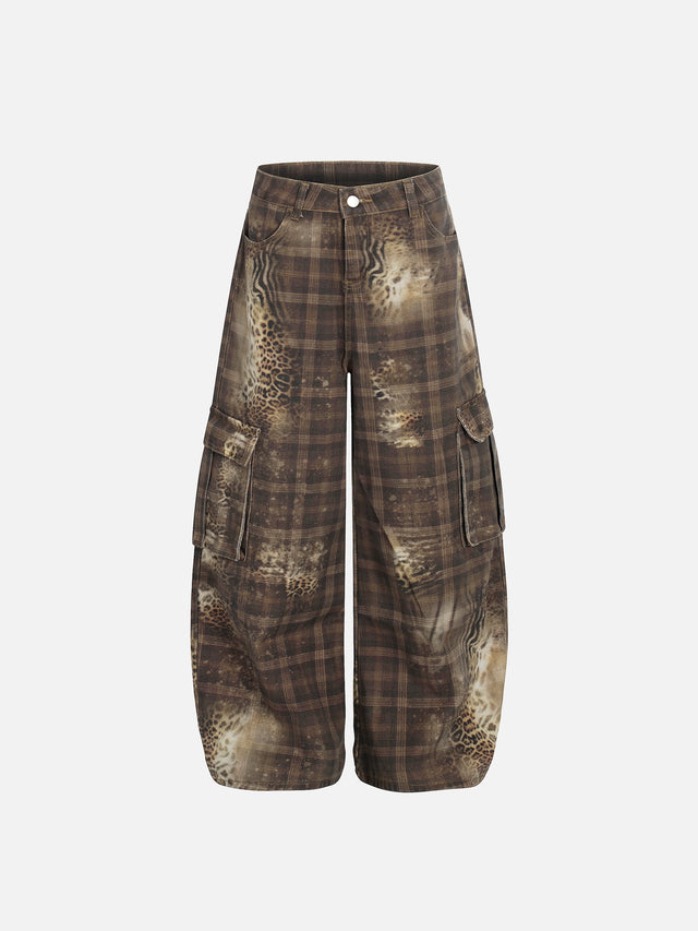 Bleached Plaid Leopard-Print Flap Cargo Baggy Denim Pants