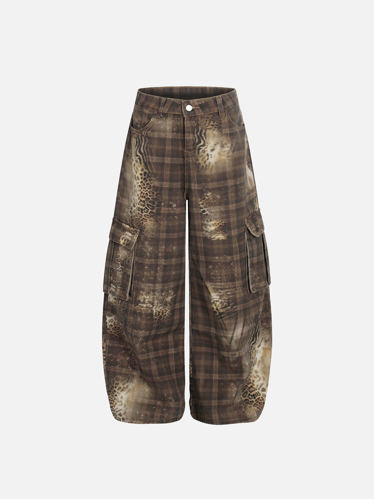 Bleached Plaid Leopard-Print Flap Cargo Baggy Denim Pants