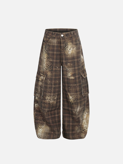 Bleached Plaid Leopard-Print Flap Cargo Baggy Denim Pants