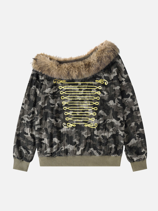 Faux-Fur Trim Distressed Camouflage Military Frog-Braiding Oversized Sweatshirt