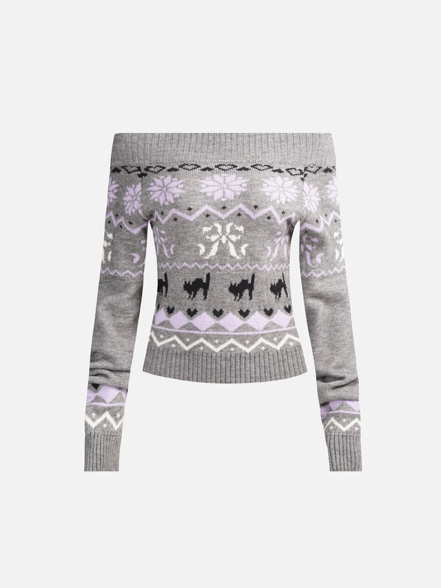 Cat & Snowflake Fair Isle Off-Shoulder Slim Knit Sweater