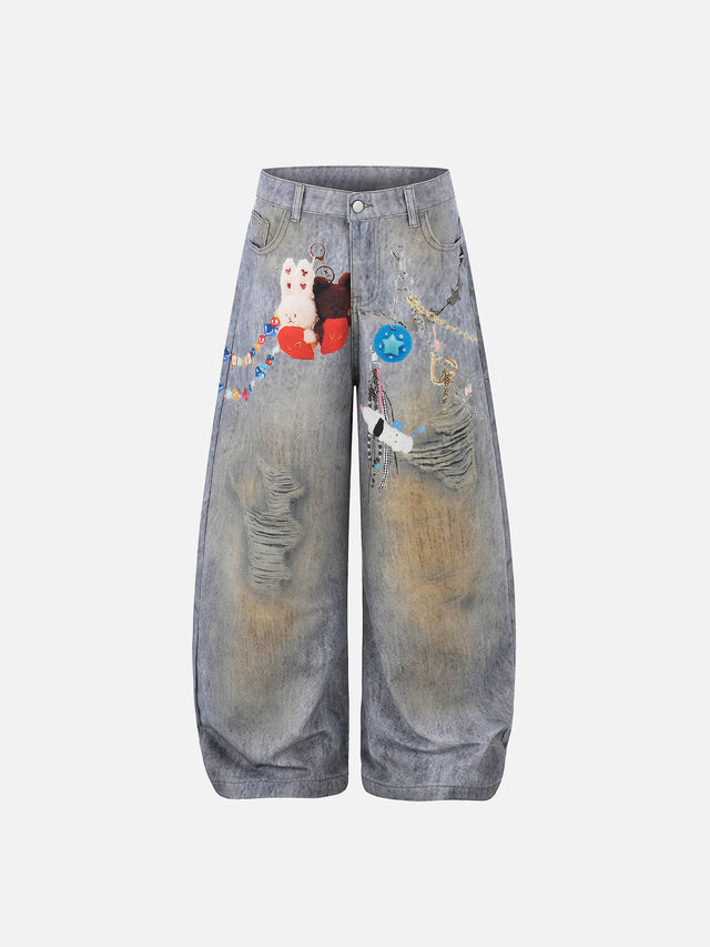 Graphic Toy-Print Distressed Acid-Wash Baggy Jeans