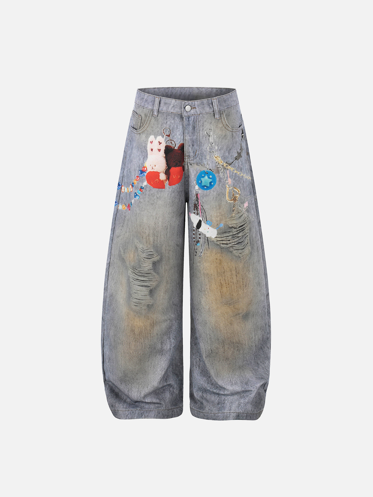 Graphic Toy-Print Distressed Acid-Wash Baggy Jeans