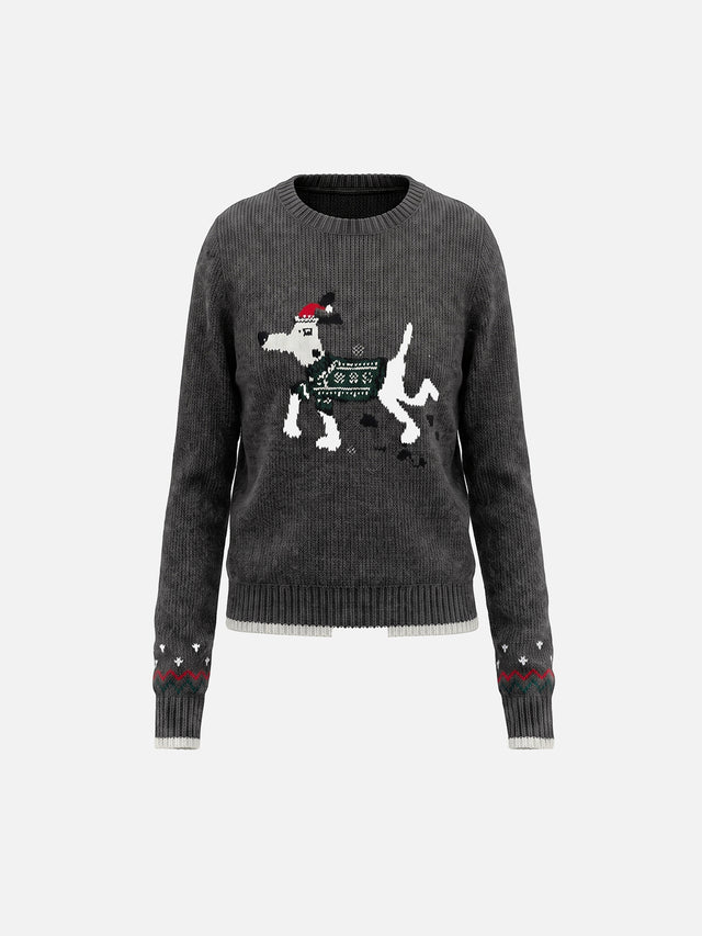 Puppy Jacquard Slim Knit Crewneck Sweater