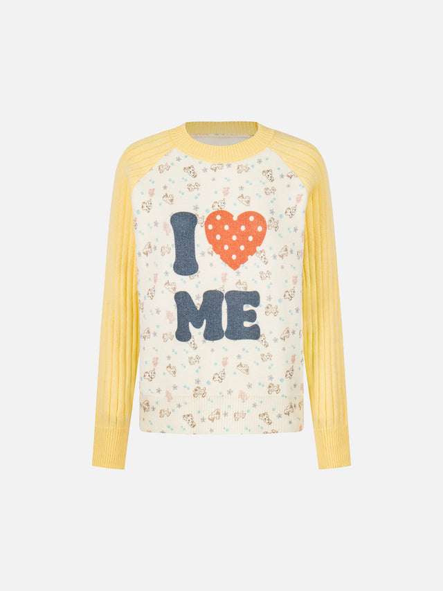 "I ♥ ME" Raglan Ribbed-Sleeve Jacquard Knit Sweater