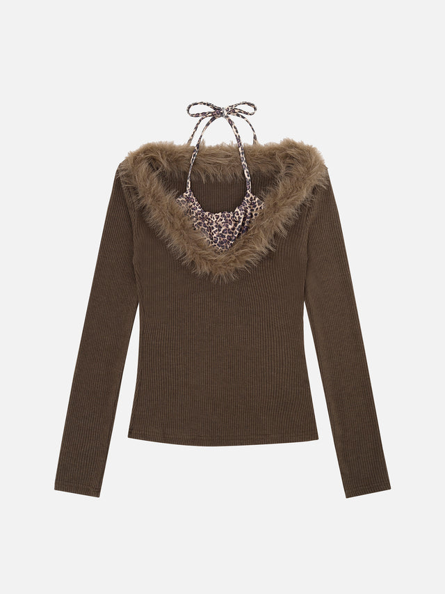 Faux-Fur Trim Ribbed Knit Leopard Halter-Layered Slim Top