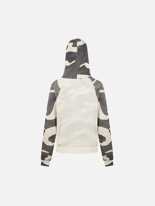 Camo-Panelled Mesh-Overlay Boxy Zip-Up Hoodie
