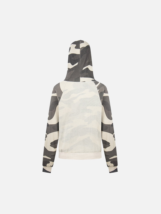 Camo-Panelled Mesh-Overlay Boxy Zip-Up Hoodie