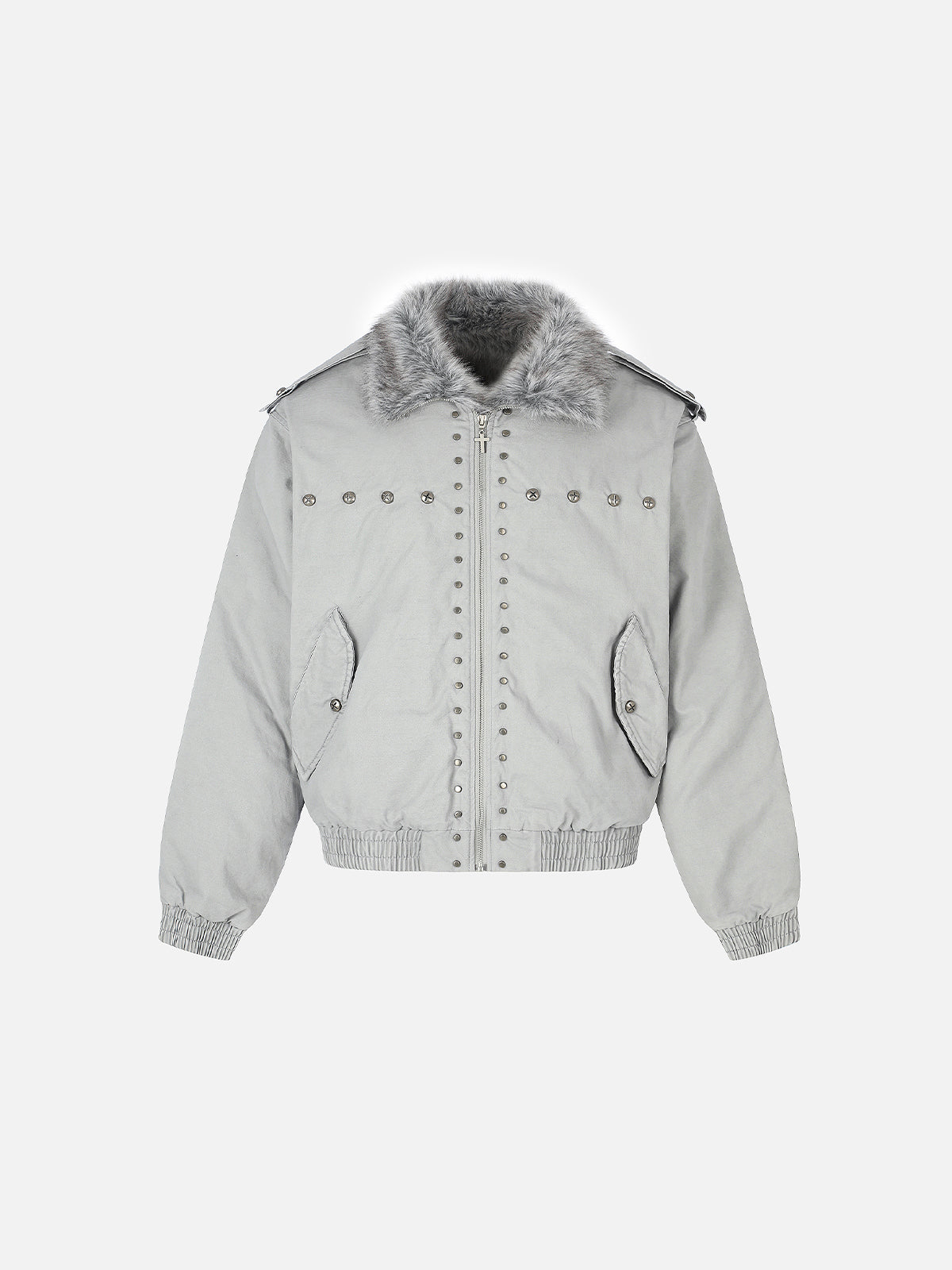 Faux-Fur Collar Cross-Studded Military Boxy Bomber Jacket