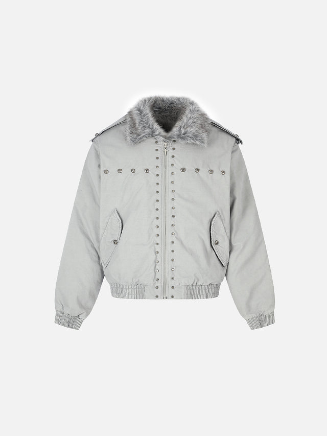 Faux-Fur Collar Cross-Studded Military Boxy Bomber Jacket