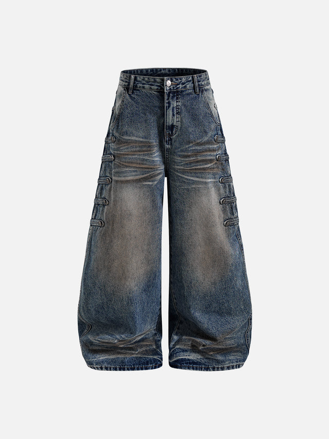 Buttoned Side-Tab Whiskered Super Baggy Denim Jeans