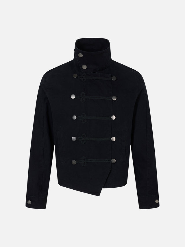 Military Frog-Button High-Neck Boxy Canvas Jacket