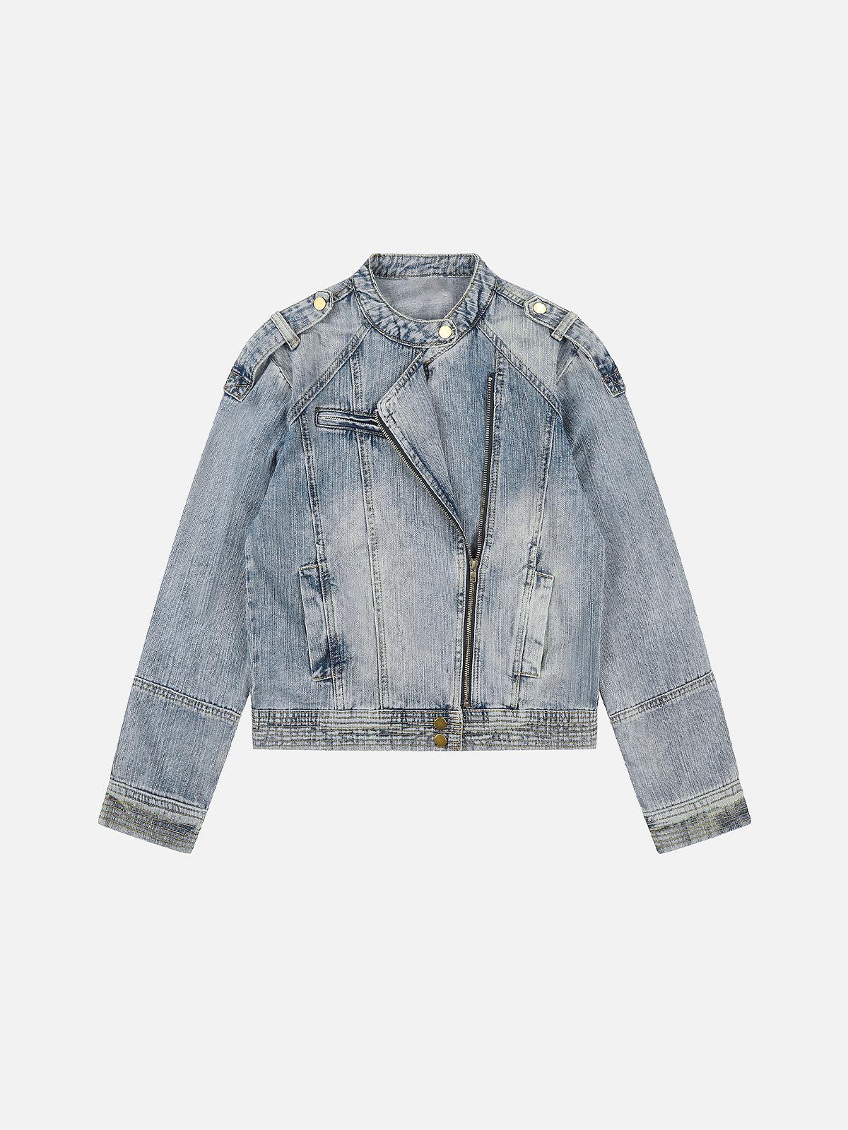 Washed Asymmetric-Zip Moto Boxy Denim Jacket