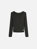 Ribbed Button-Placket Double-Layer Slim Top