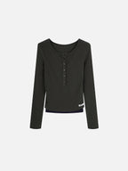 Ribbed Button-Placket Double-Layer Slim Top