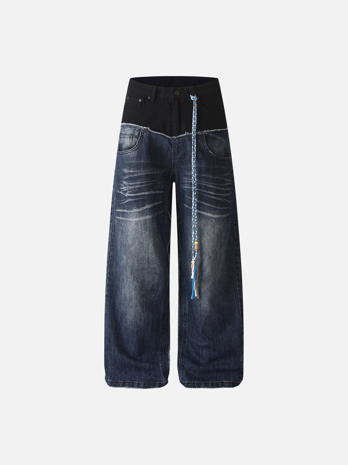 Colorblock Two-Tone Beaded Braided Cord Baggy Barrel Jeans
