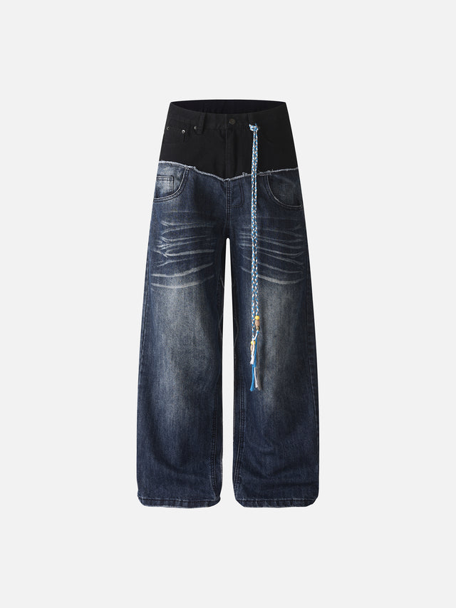 Colorblock Two-Tone Beaded Braided Cord Baggy Barrel Jeans