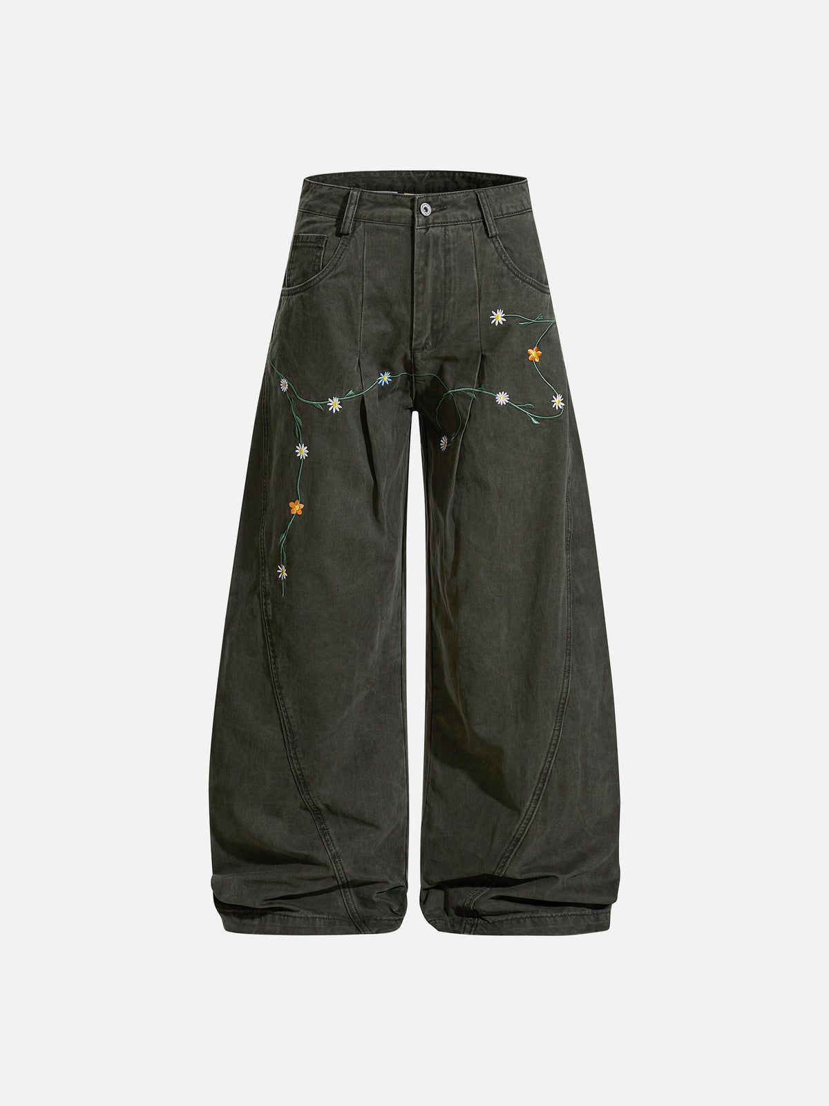 Floral-Vine Embroidered Washed Curved-Seam Baggy Pants