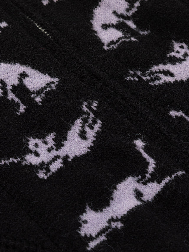 Cat-Jacquard Open-Knit Slim Zip Cardigan