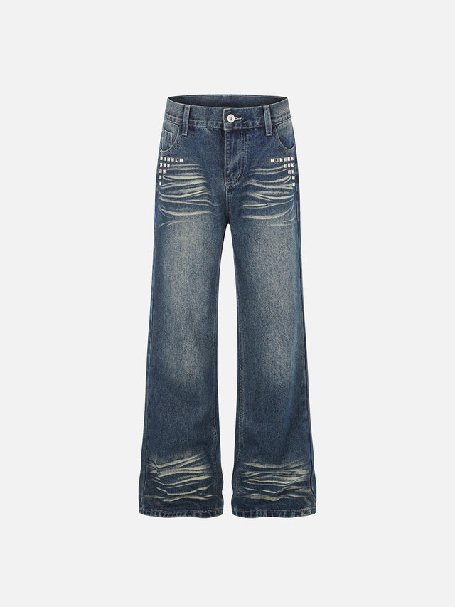 Studded-Cross Whiskered-Faded Bootcut Jeans