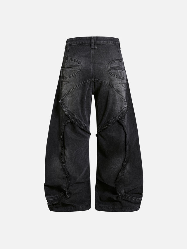 Deconstructed Raw-Edge Curved Flap-Pocket Super Baggy Jeans
