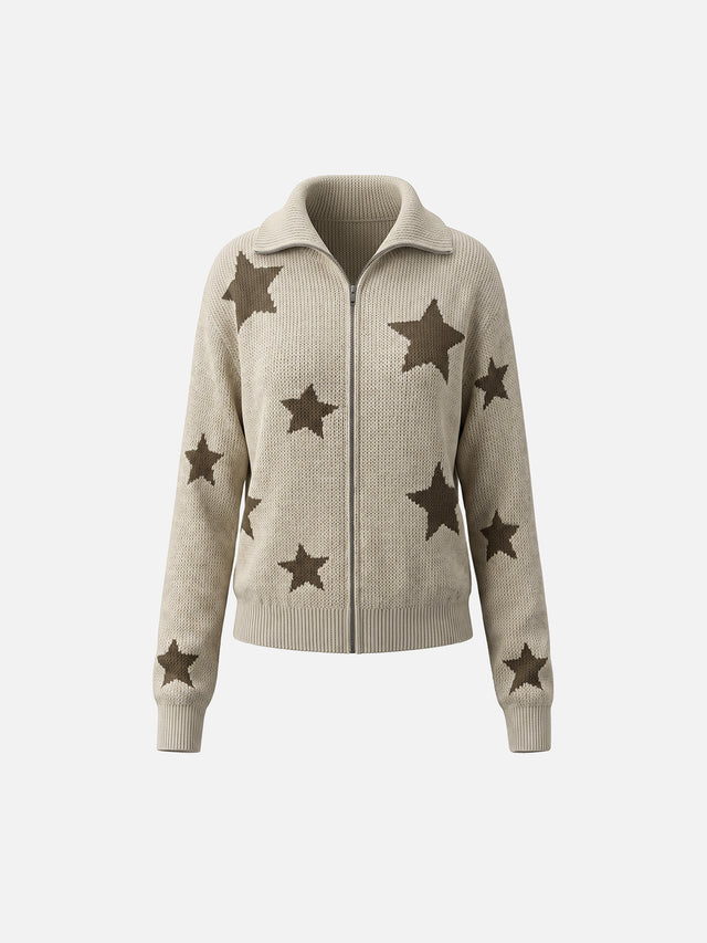 All-Over Star Jacquard Spread Collar Boxy Knit Cardigan