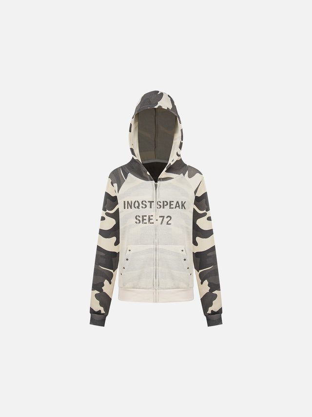 Camo-Panelled Mesh-Overlay Boxy Zip-Up Hoodie