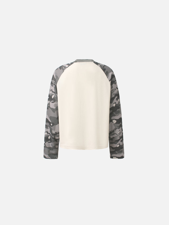 Camo Raglan-Sleeve Graphic Oversized Waffle T-Shirt