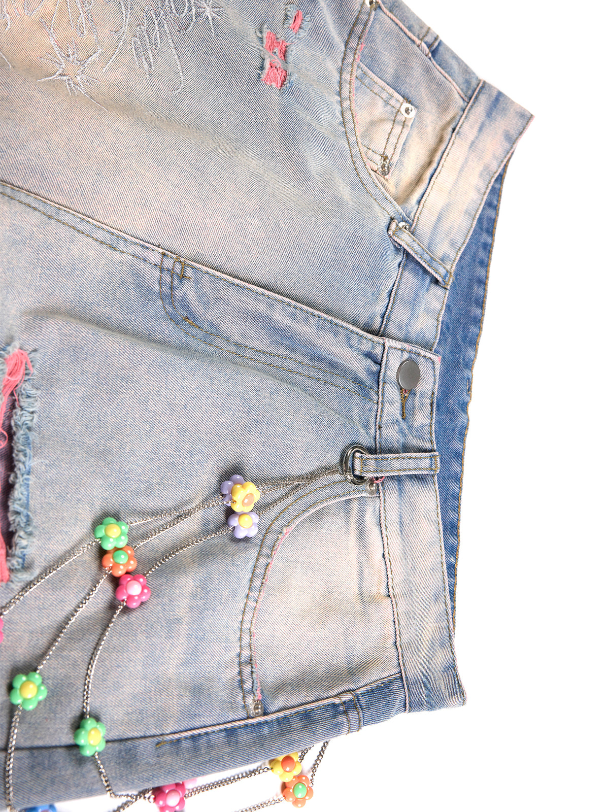 Pink Distressed Beaded Baggy Jeans