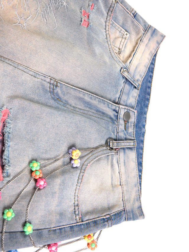 Pink Distressed Beaded Baggy Jeans