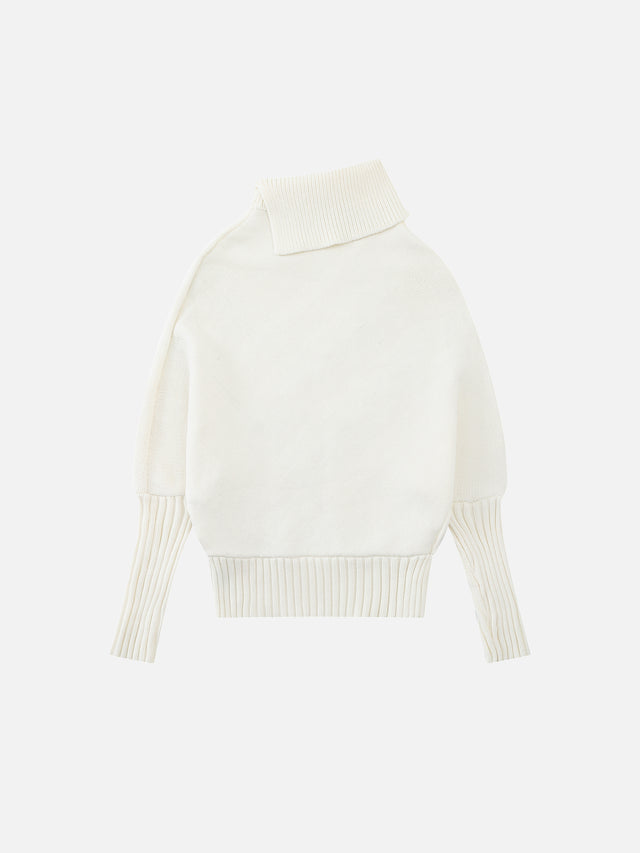 Ribbon-Woven Cable-Knit Asymmetrical Turtleneck Regular-Fit Sweater