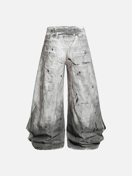 Acid-Washed Splatter-Print Double-Waistband Super Baggy Pants